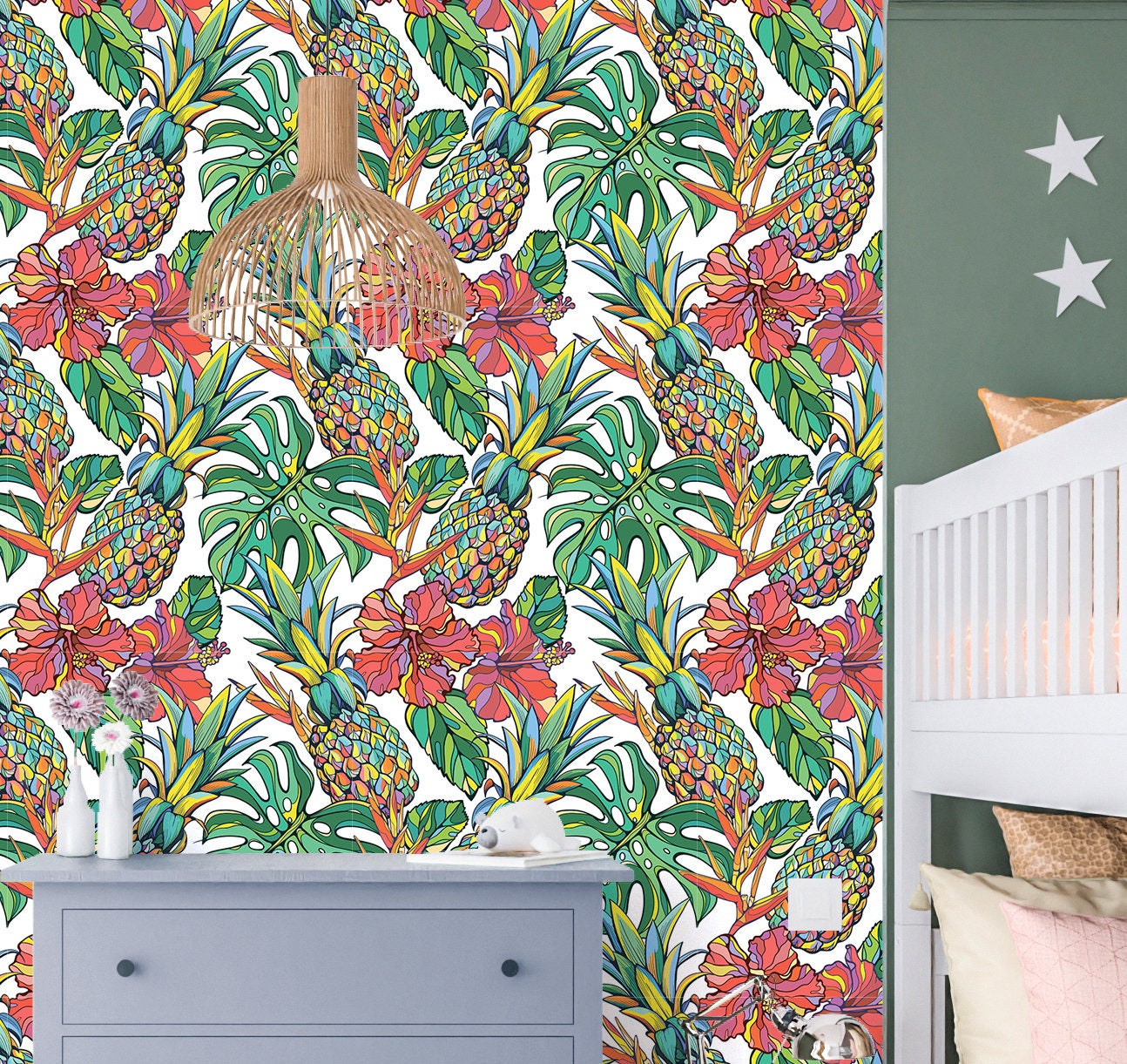 Pineapple Wallpaper Peel and Stick, Colorful Tropical Removable Wall Paper
