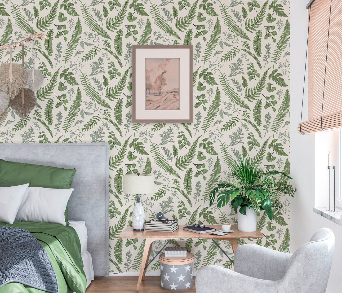 Fern Wallpaper Peel and Stick, Botanical Green Leaf Removable Wall Paper