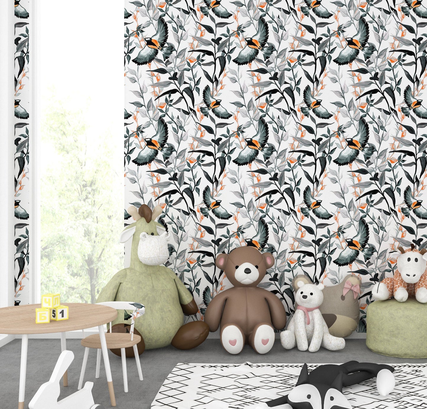 Bird Wallpaper Peel and Stick, Black and White Nature Removable Wall Paper