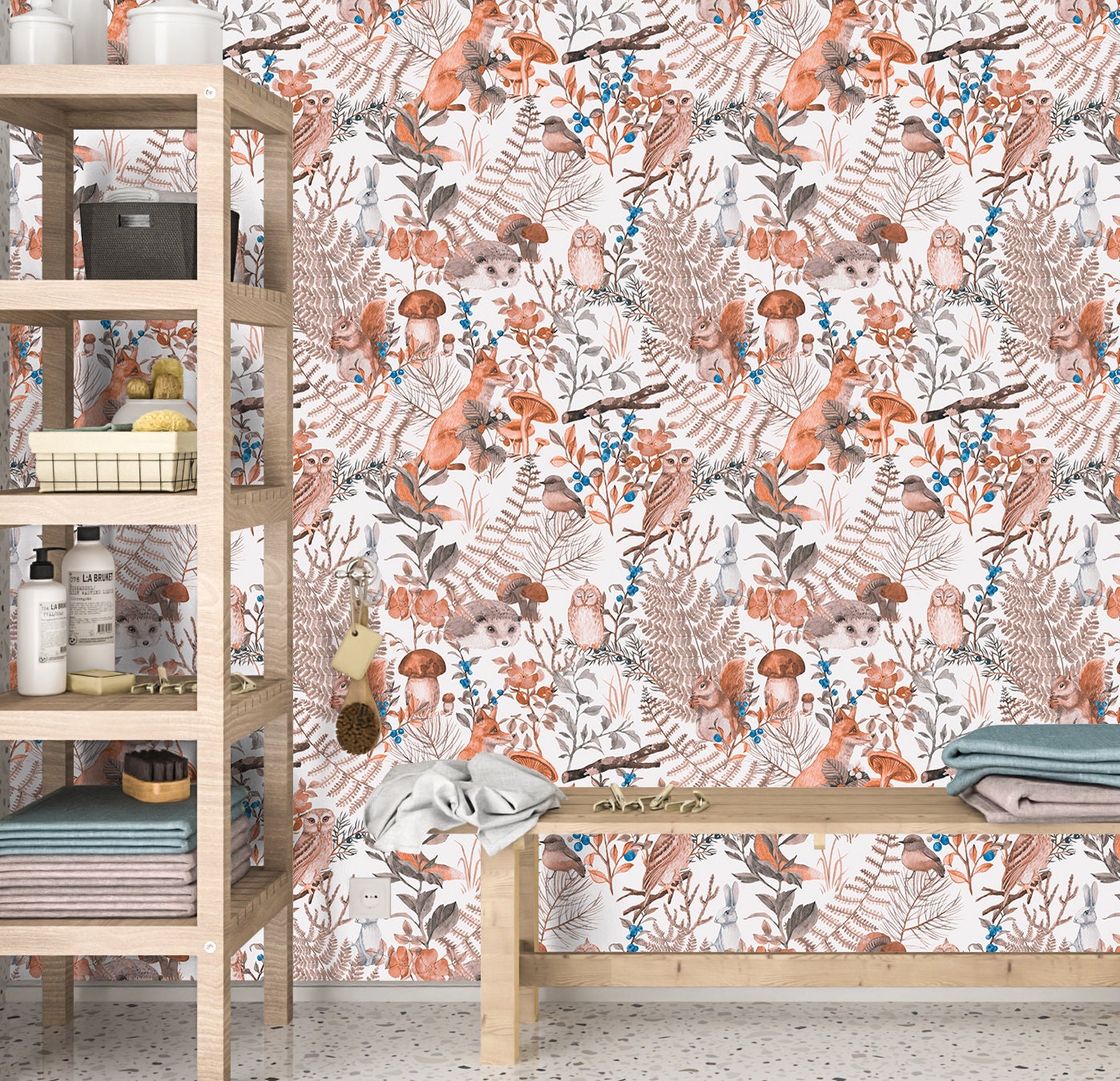 Woodland Animal Wallpaper Peel and Stick, Fox Hedgehog Owl Beige Canvas Removable Wall Paper