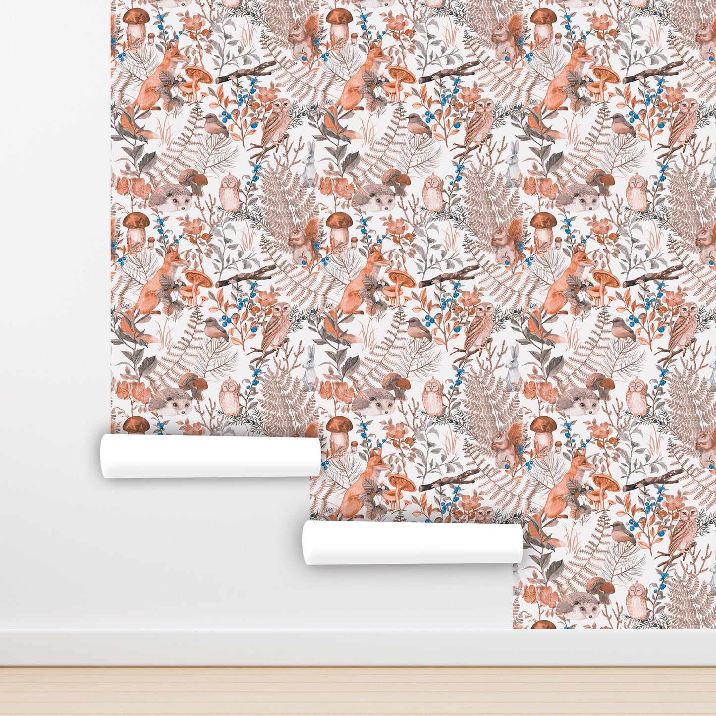 Woodland Animal Wallpaper Peel and Stick, Fox Hedgehog Owl Beige Canvas Removable Wall Paper