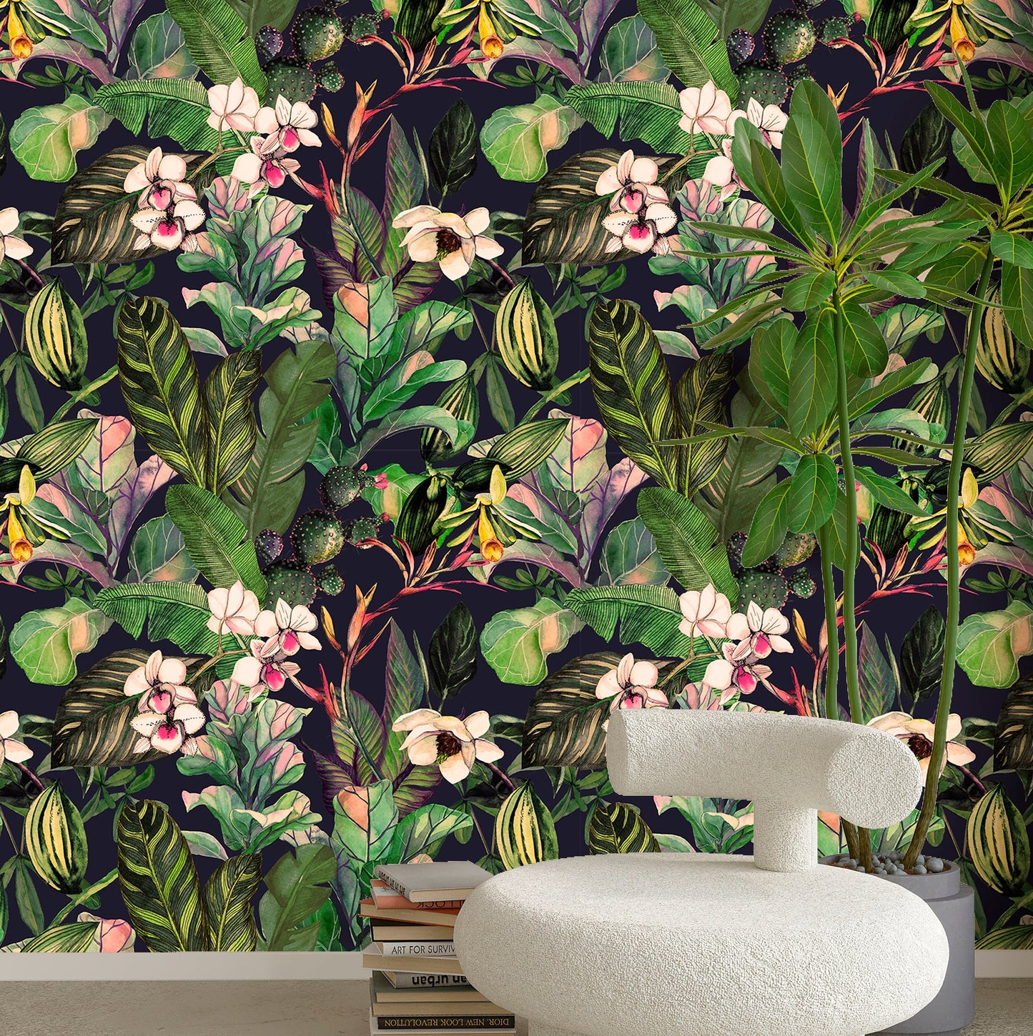 Whimsical Wallpaper Peel and Stick, Tropical Orchid Removable Wall Paper