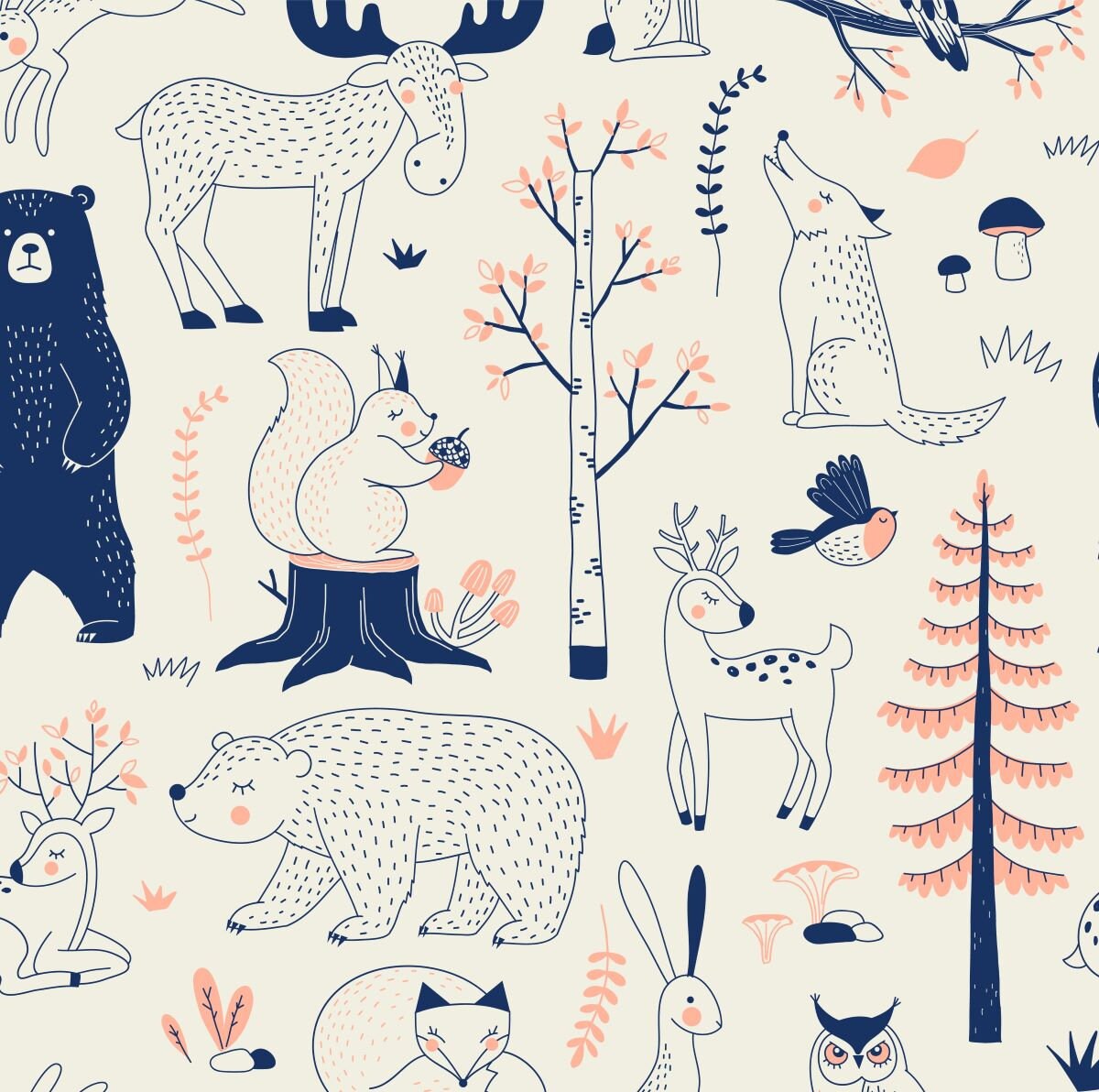 Scandi Animals Wallpaper Peel and Stick, Beige Forest Removable Wall Paper