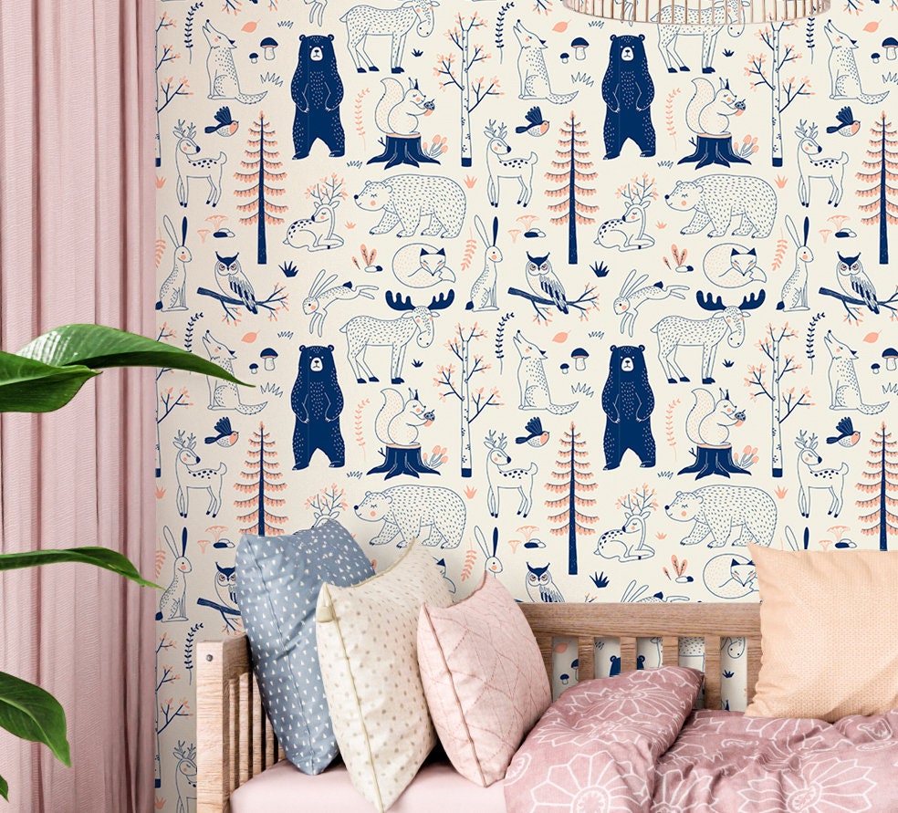 Scandi Animals Wallpaper Peel and Stick, Beige Forest Removable Wall Paper
