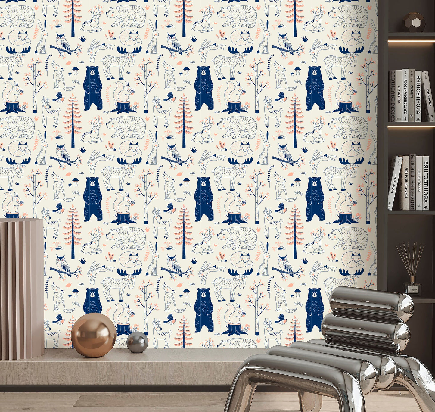 Scandi Animals Wallpaper Peel and Stick, Beige Forest Removable Wall Paper