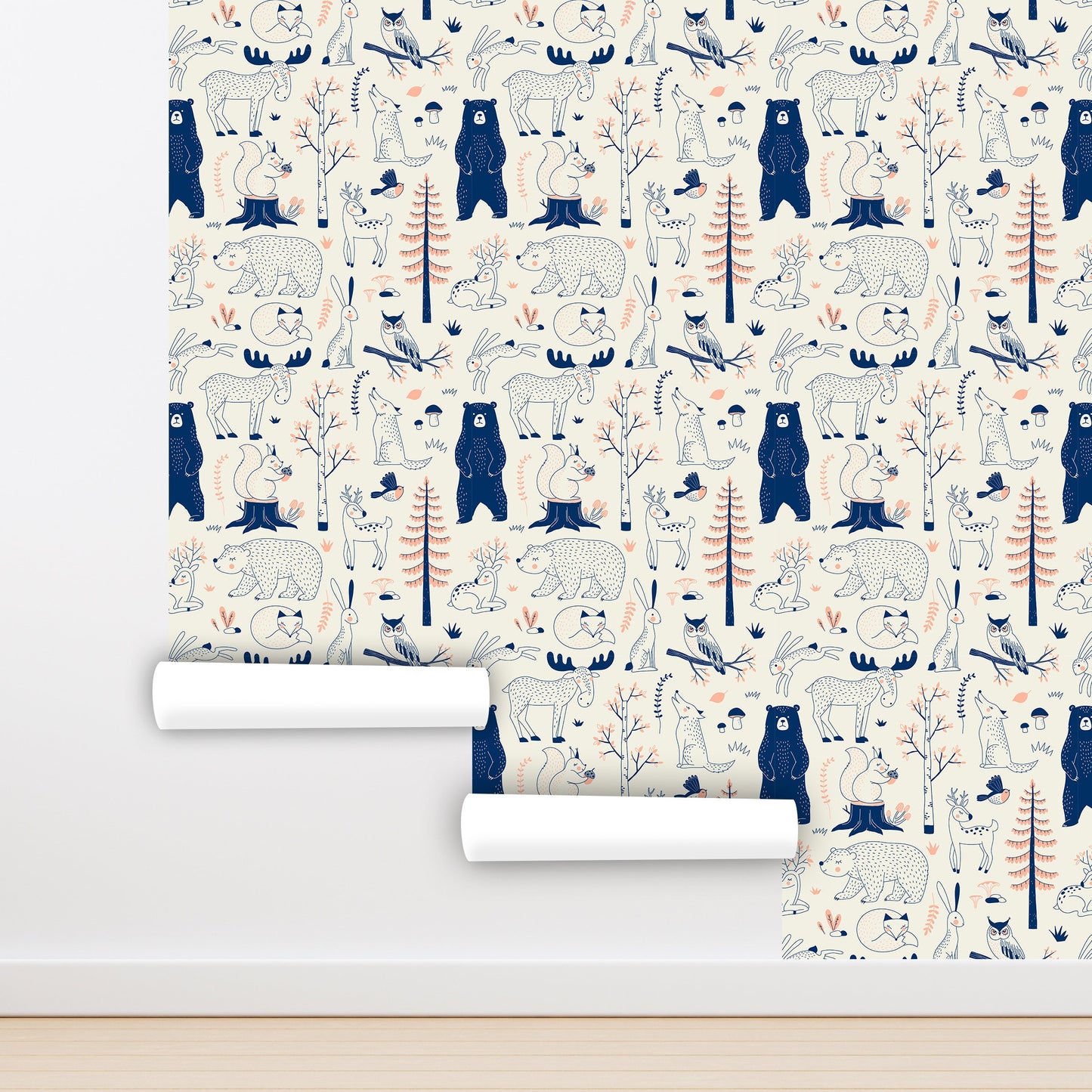 Scandi Animals Wallpaper Peel and Stick, Beige Forest Removable Wall Paper