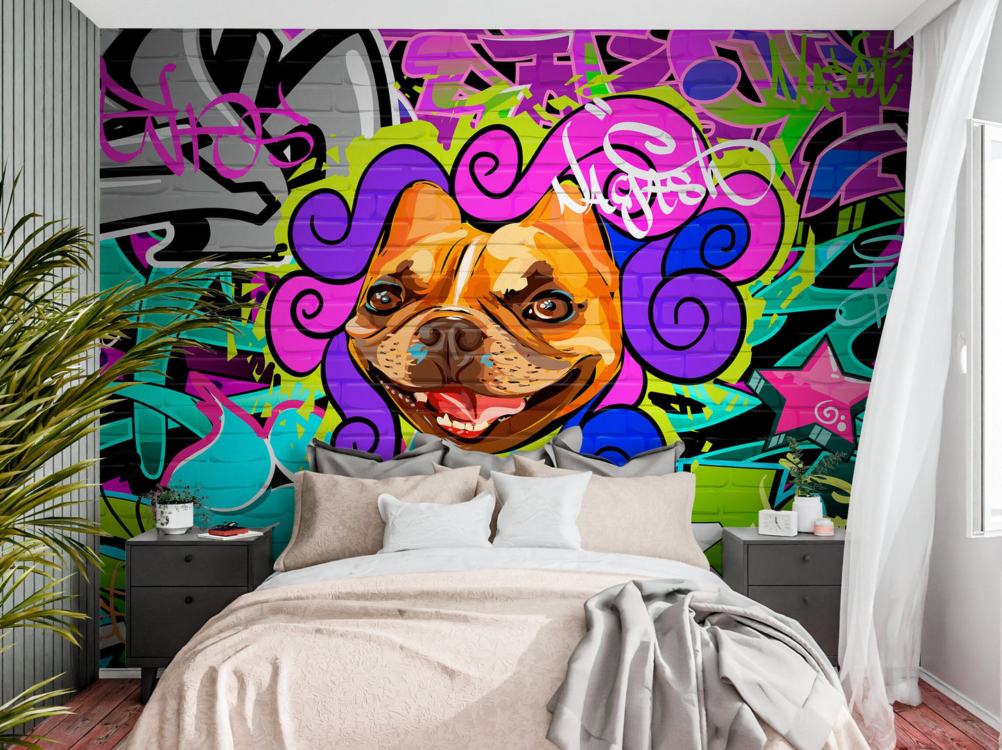Graffiti Wallpaper Peel and Stick, Colorful Dog Street Art Removable Wall Paper