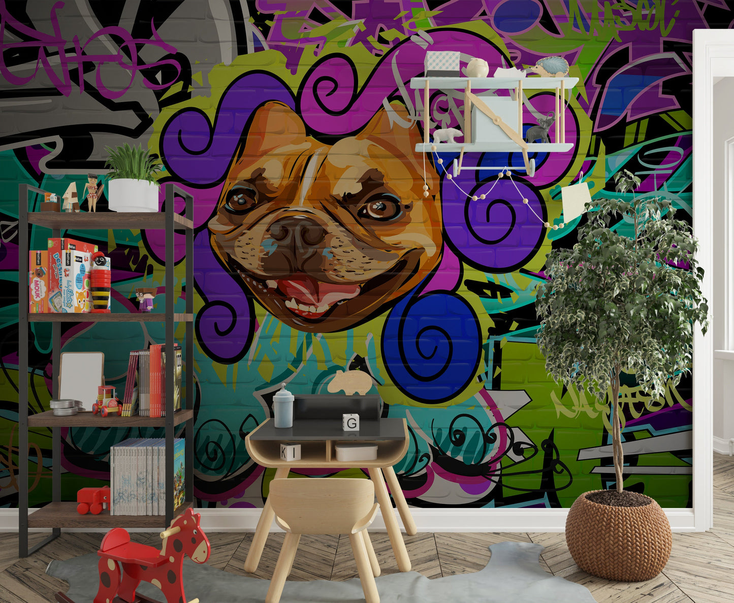 Graffiti Wallpaper Peel and Stick, Colorful Dog Street Art Removable Wall Paper