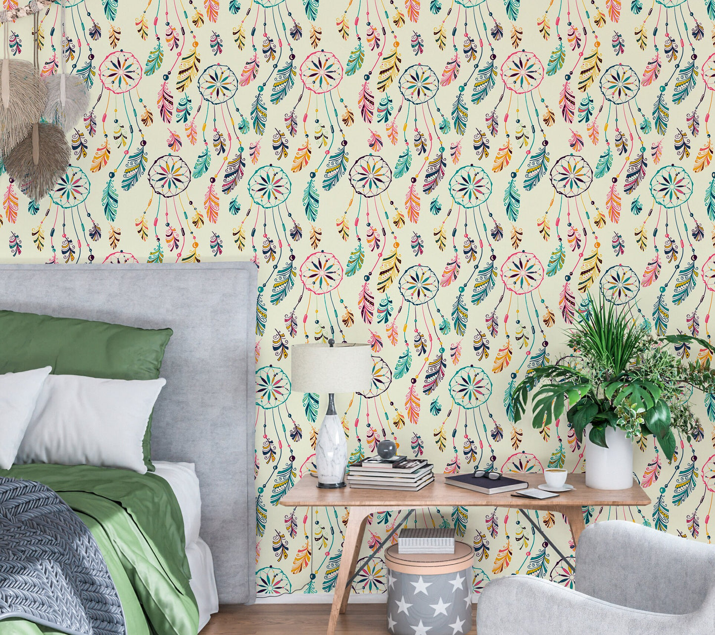 Dream Catcher Wallpaper Peel and Stick, Boho Feather Canvas Removable Wall Paper