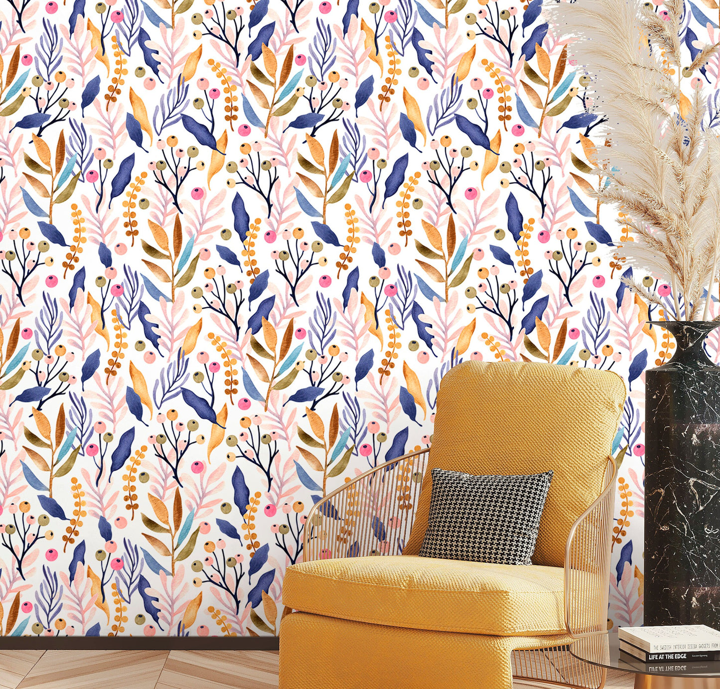 Botanical Wallpaper Peel and Stick, Watercolor Foliage Removable Wall Paper