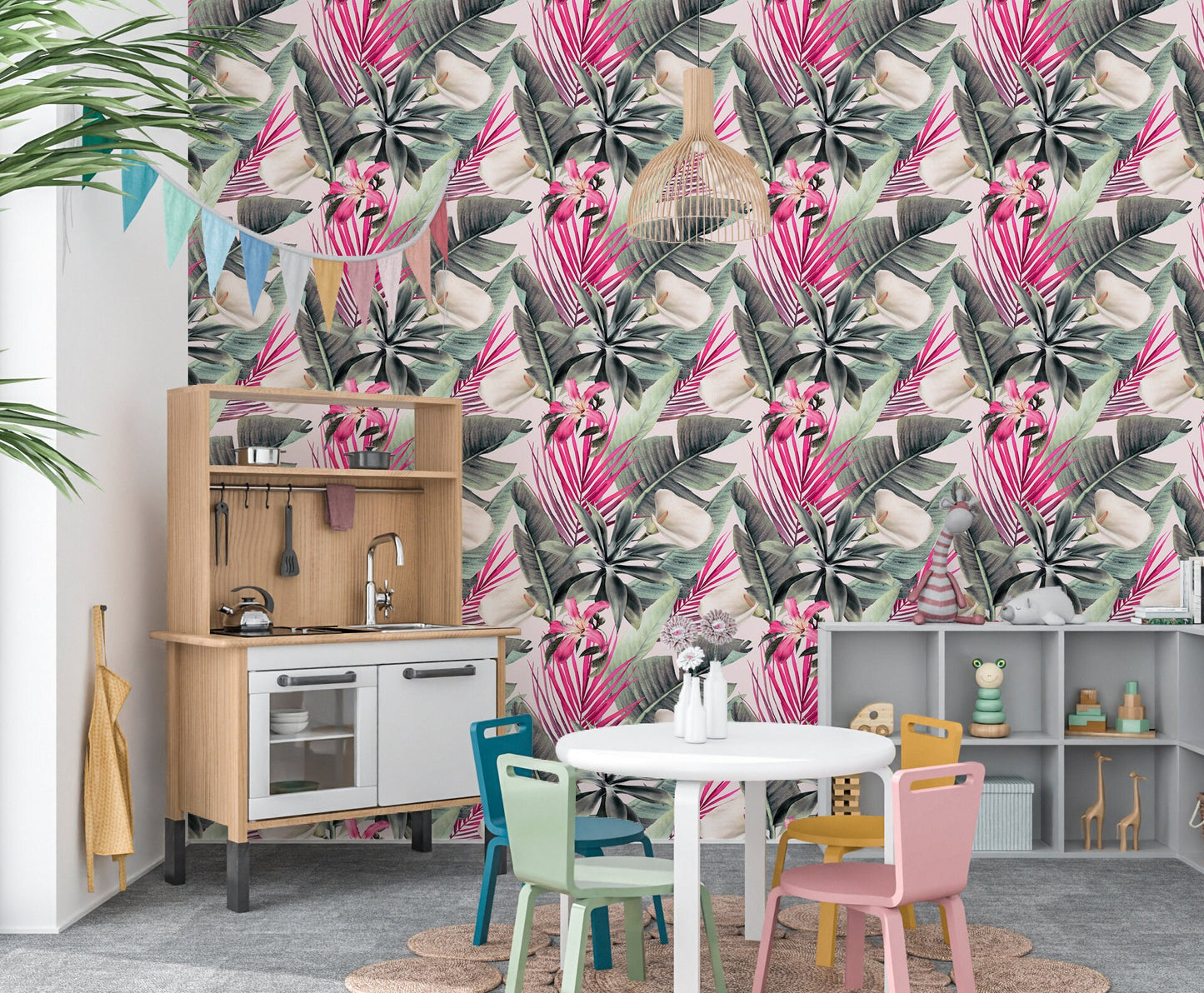 Pink Palm Leaves Wallpaper Peel and Stick, Tropical Flowers Removable Wall Paper