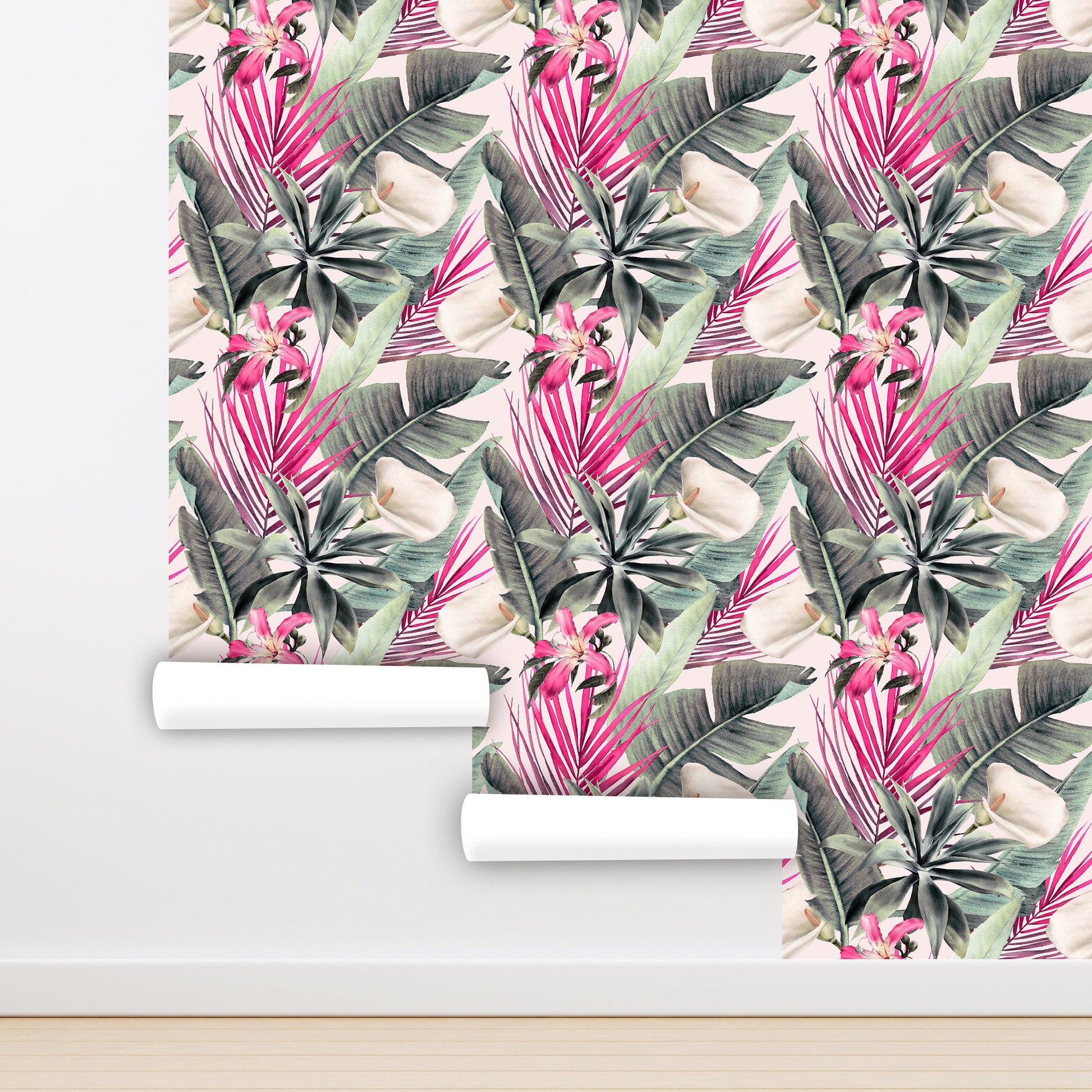 Pink Palm Leaves Wallpaper Peel and Stick, Tropical Flowers Removable Wall Paper