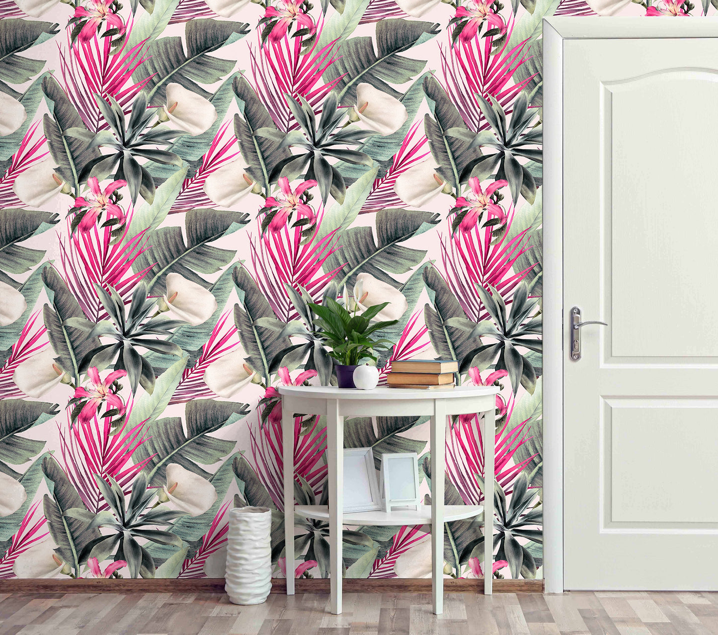 Pink Palm Leaves Wallpaper Peel and Stick, Tropical Flowers Removable Wall Paper