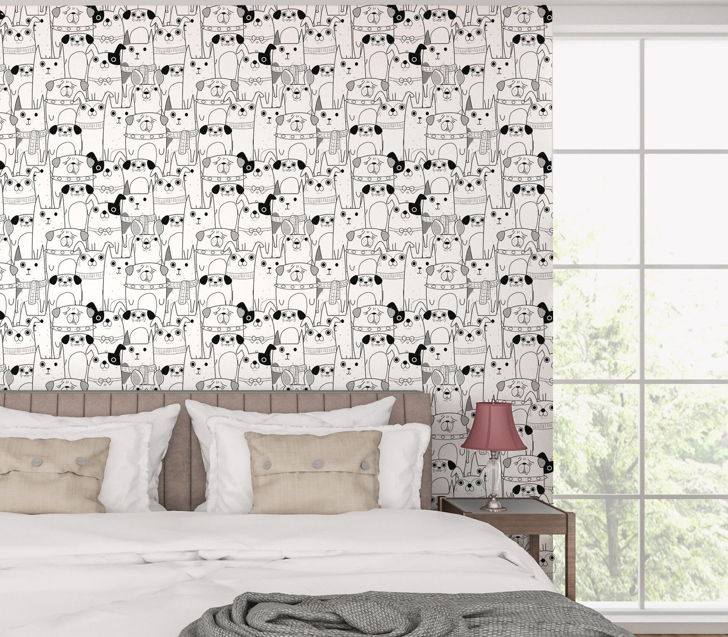 Dogs Wallpaper Peel and Stick, Cute Pet Black and White Wall Paper