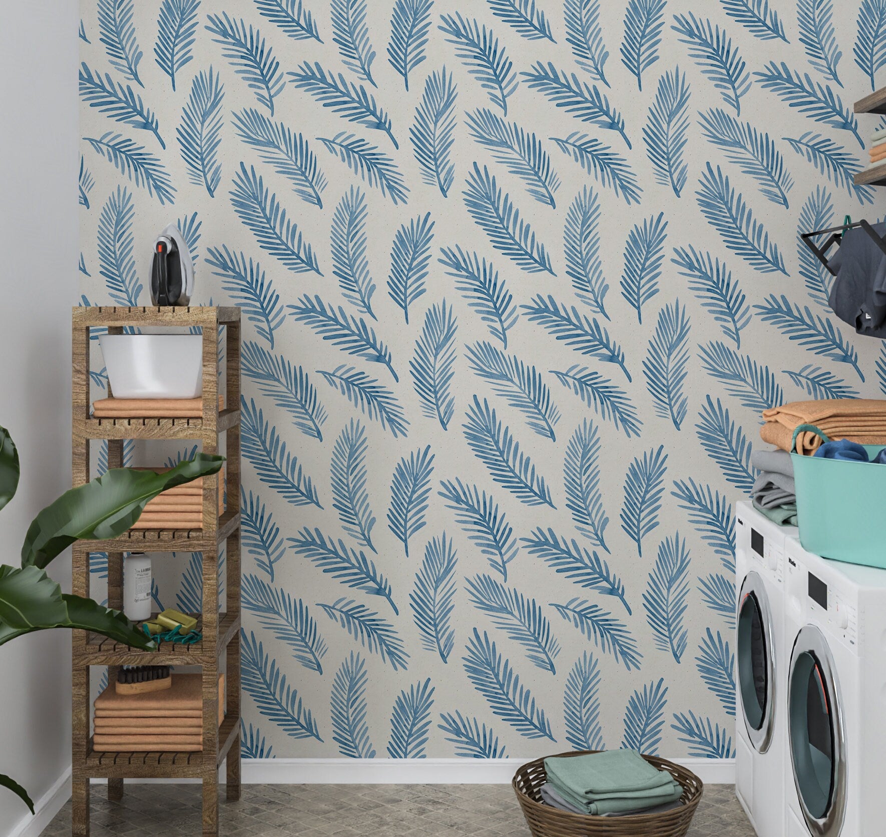 Palm Leaf Wallpaper Peel and Stick, Blue Feather Canvas Removable Wall Paper