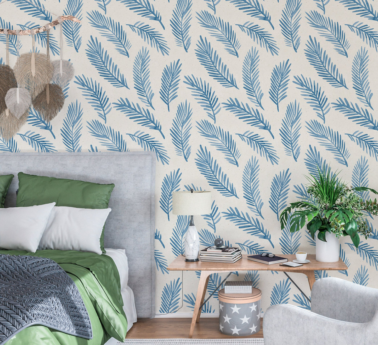Palm Leaf Wallpaper Peel and Stick, Blue Feather Canvas Removable Wall Paper