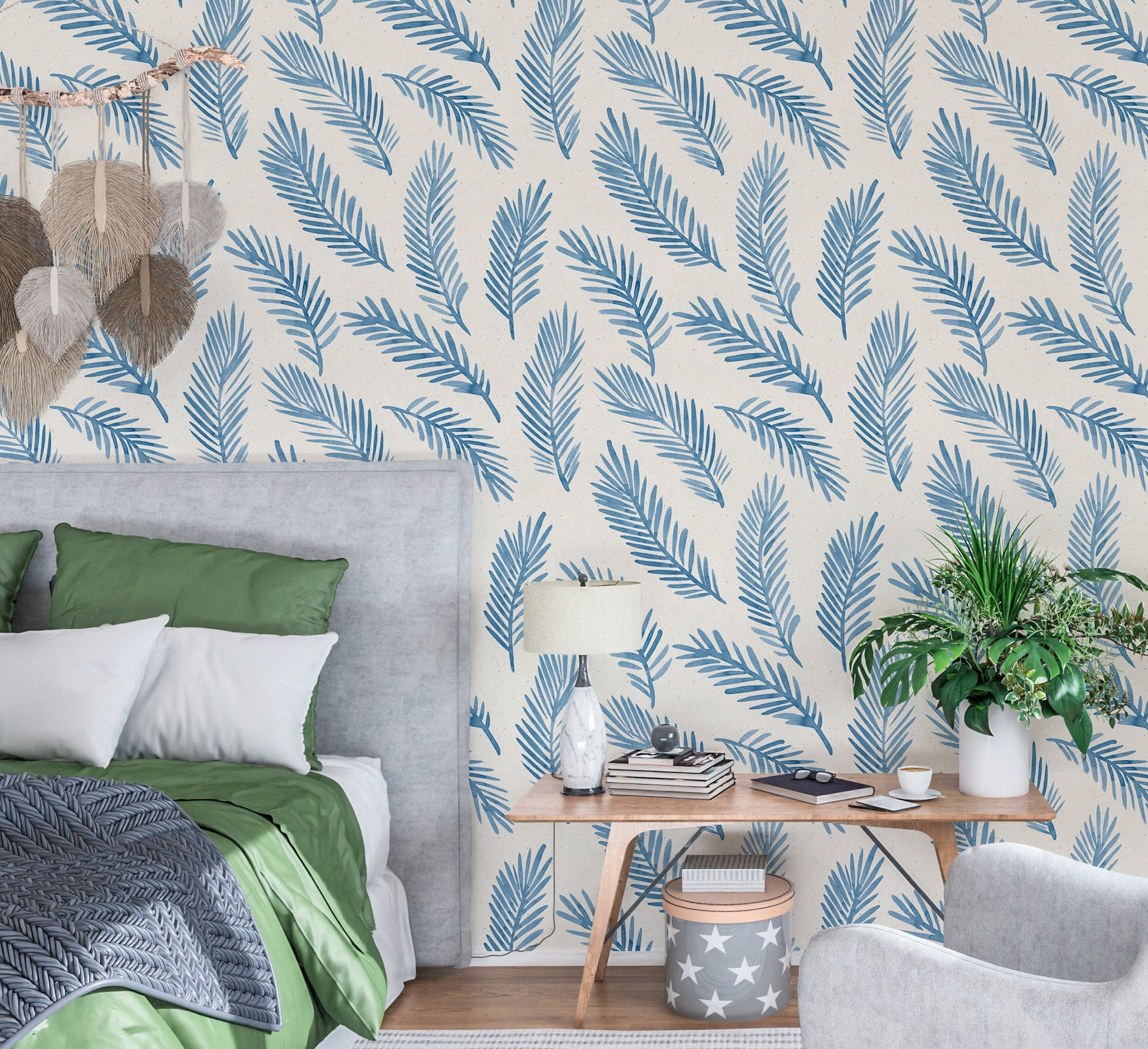 Palm Leaf Wallpaper Peel and Stick, Blue Feather Canvas Removable Wall Paper