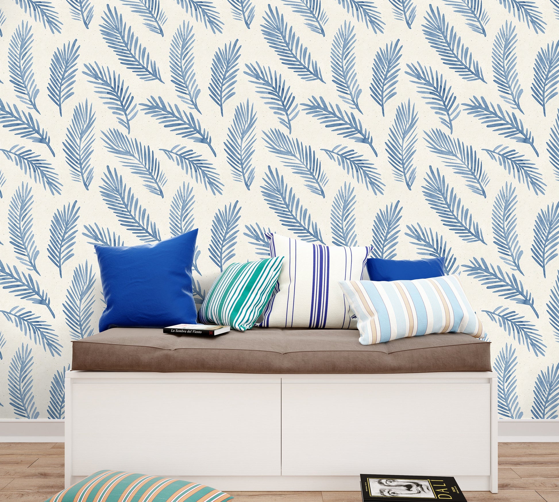 Palm Leaf Wallpaper Peel and Stick, Blue Feather Canvas Removable Wall Paper