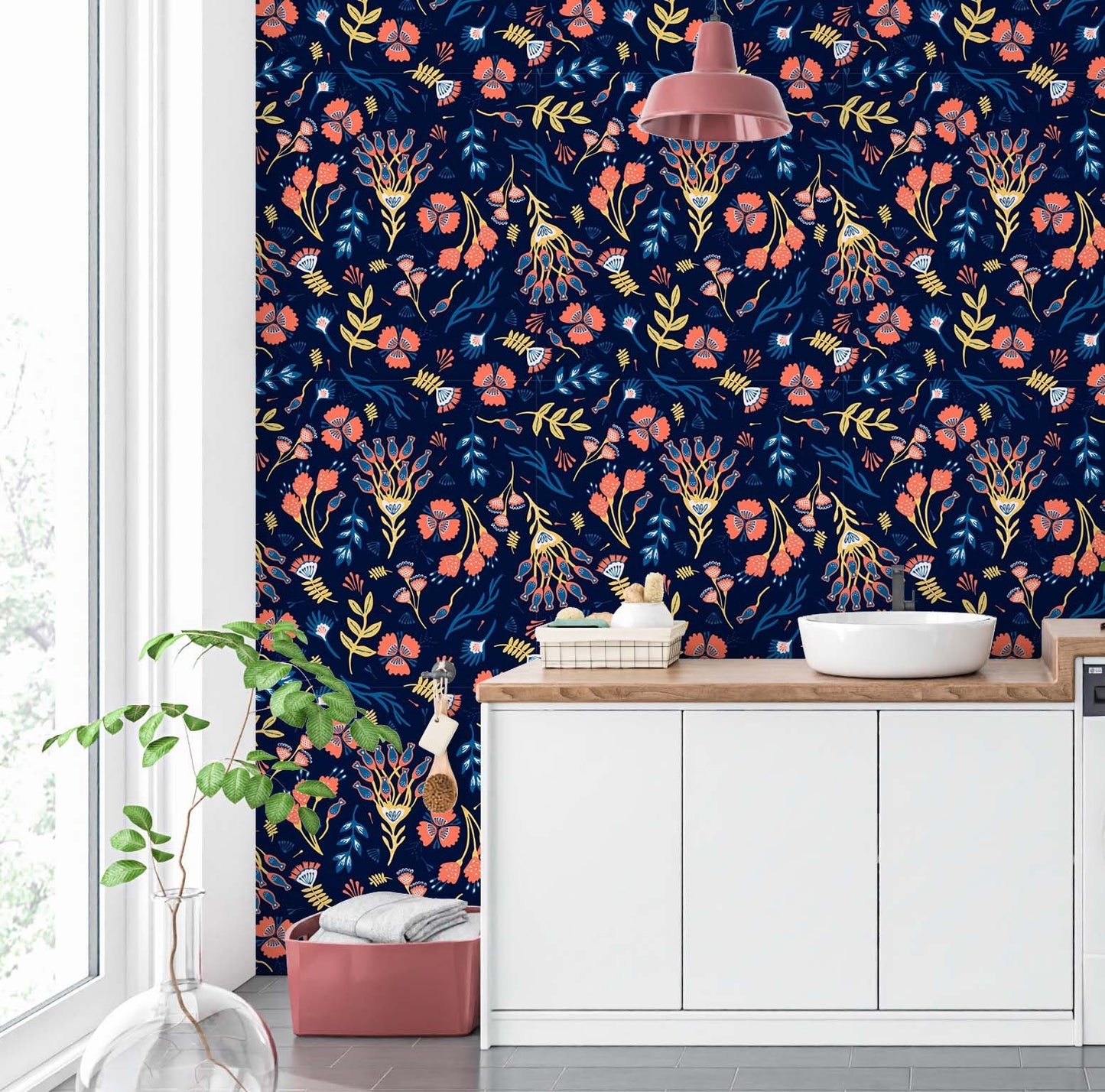 Red Floral Wallpaper Peel and Stick, Dark Boho Botanical Removable Wall Paper