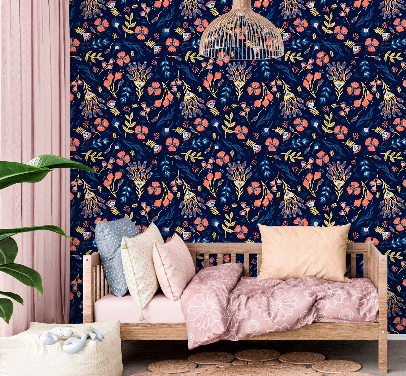 Red Floral Wallpaper Peel and Stick, Dark Boho Botanical Removable Wall Paper