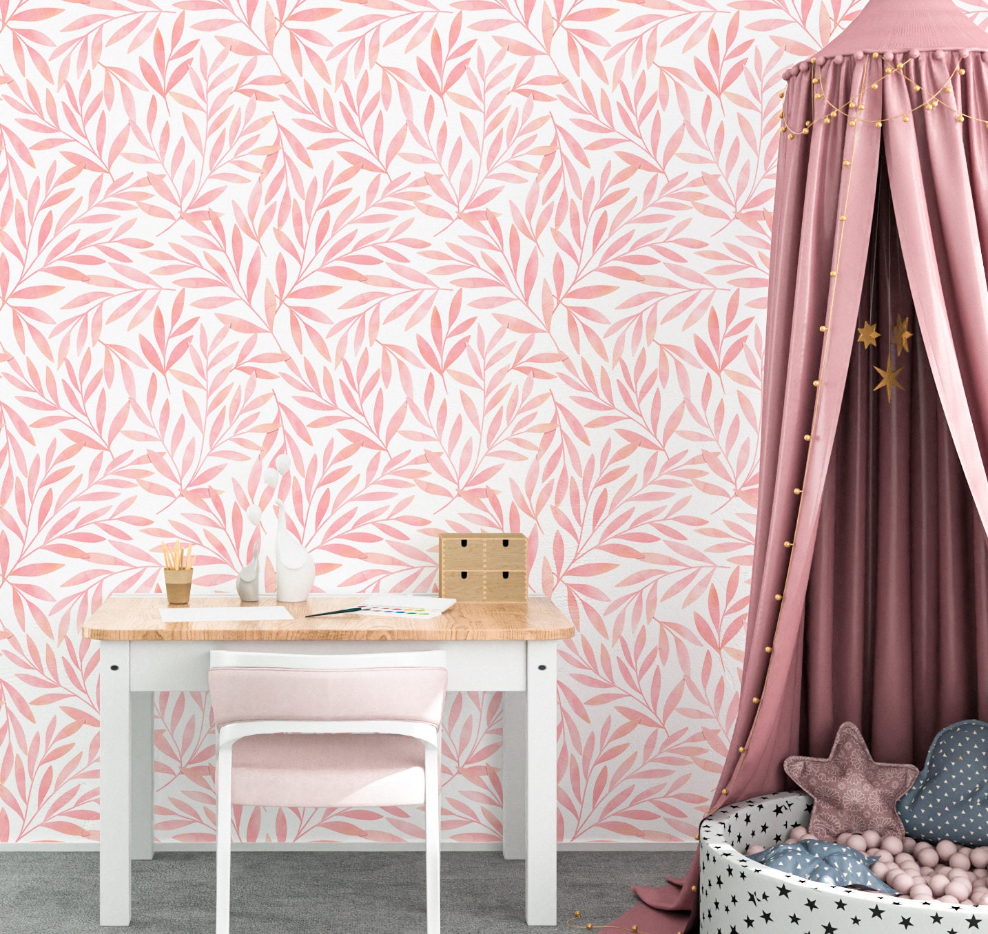 Pink Leaf Wallpaper Peel and Stick, Botanical Foliage Canvas Removable Wall Paper