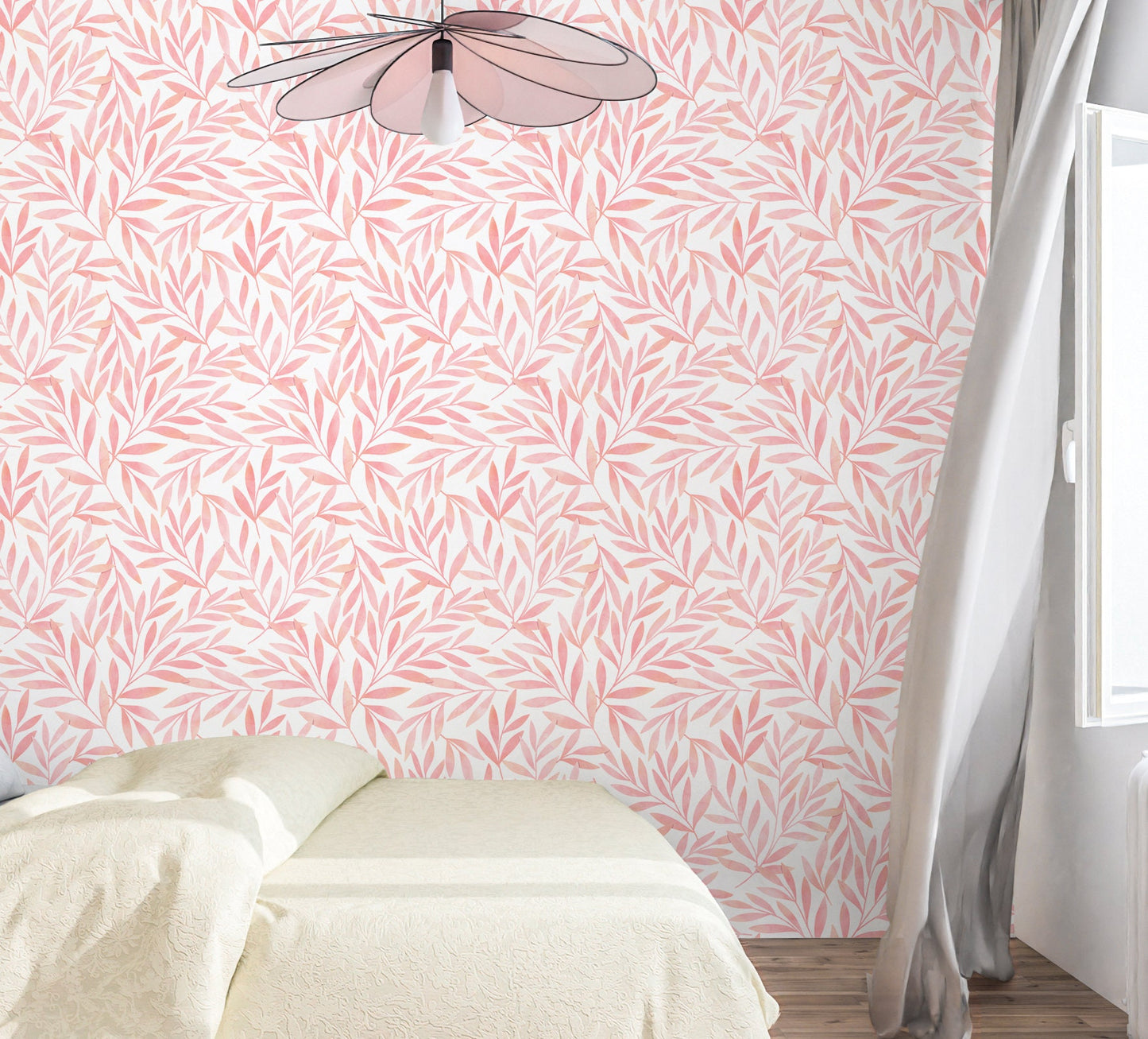 Pink Leaf Wallpaper Peel and Stick, Botanical Foliage Canvas Removable Wall Paper