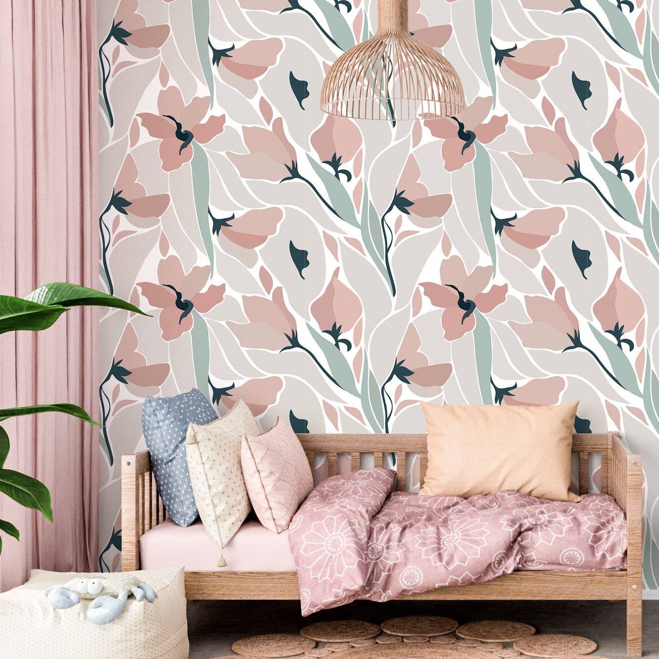 Abstract Flowers Wallpaper Peel and Stick, 70s Boho Canvas Removable Wall Paper