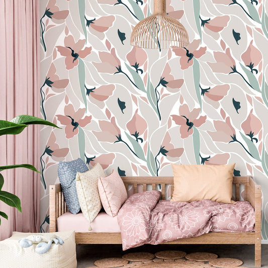 Abstract Flowers Wallpaper Peel and Stick, 70s Boho Canvas Removable Wall Paper