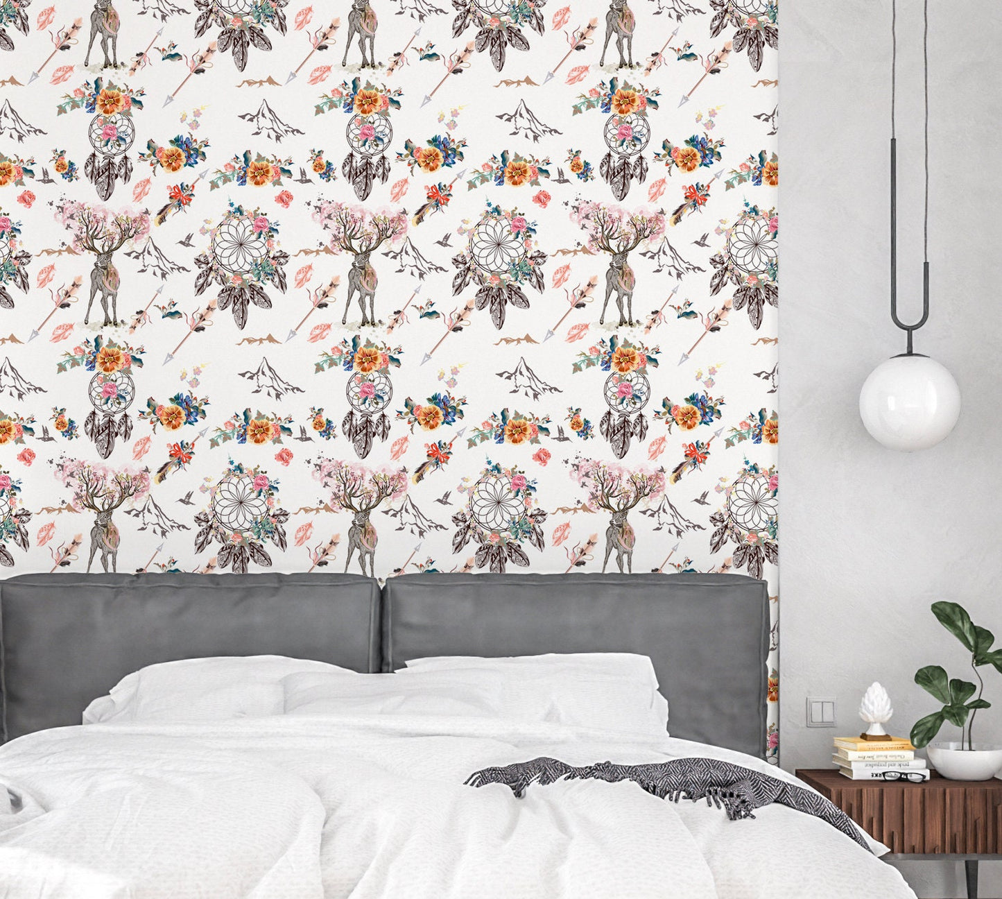 Dreamcatcher Wallpaper Peel and Stick, Boho Dear Canvas Removable Wall Paper