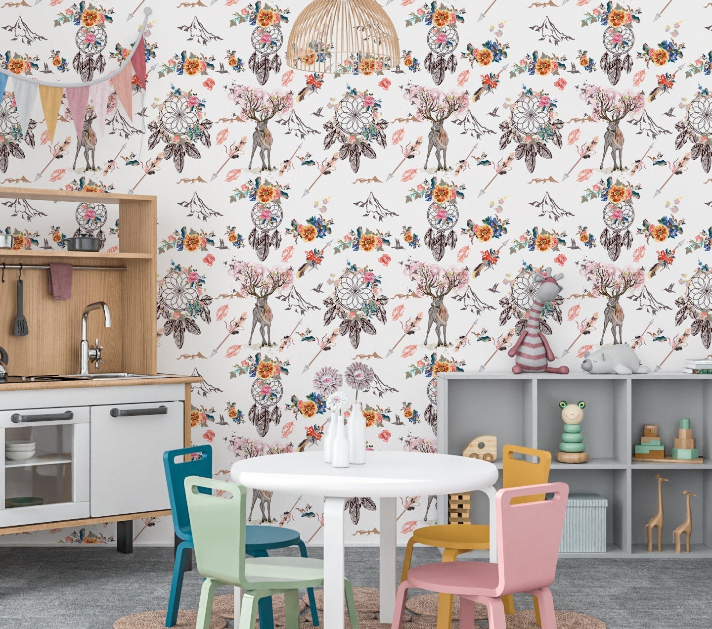 Dreamcatcher Wallpaper Peel and Stick, Boho Dear Canvas Removable Wall Paper