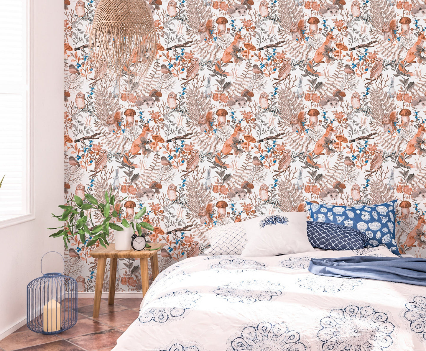Woodland Animal Wallpaper Peel and Stick, Fox Hedgehog Owl Beige Canvas Removable Wall Paper