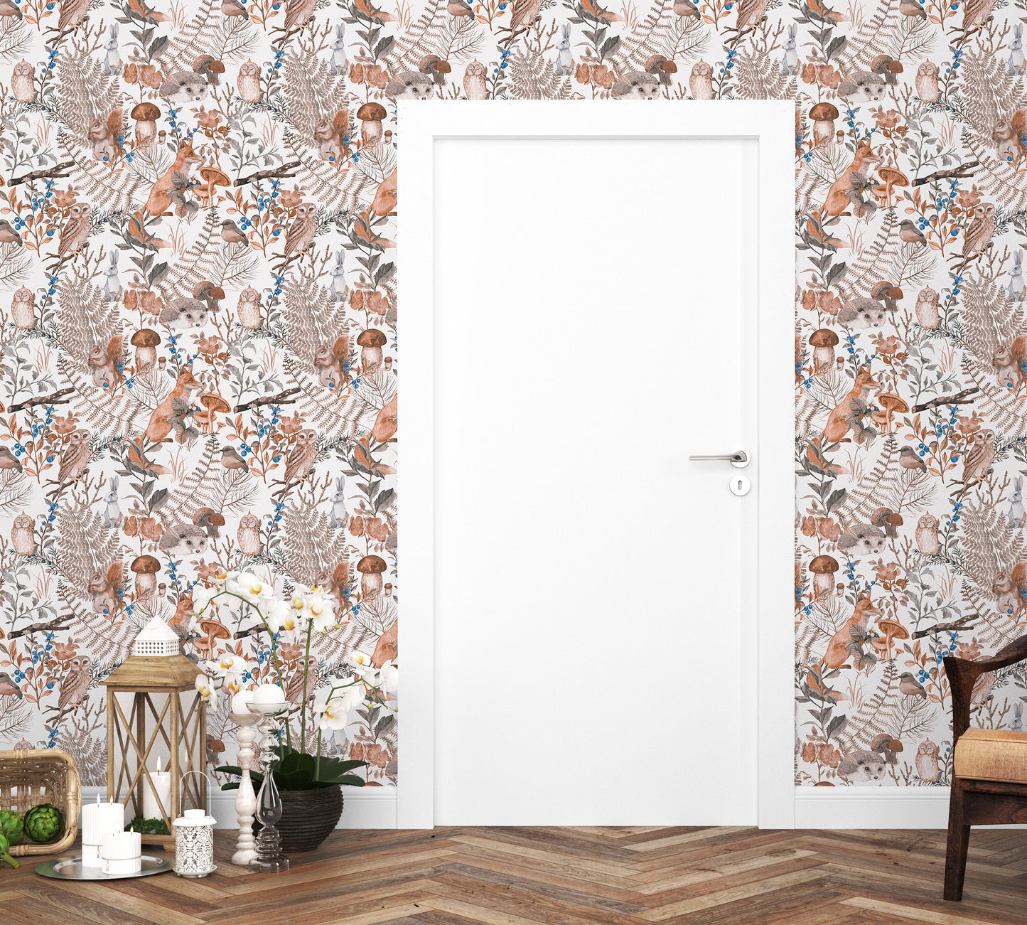 Woodland Animal Wallpaper Peel and Stick, Fox Hedgehog Owl Beige Canvas Removable Wall Paper