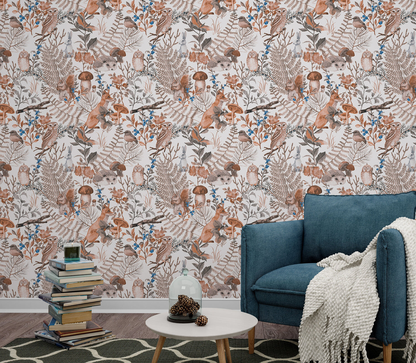 Woodland Animal Wallpaper Peel and Stick, Fox Hedgehog Owl Beige Canvas Removable Wall Paper