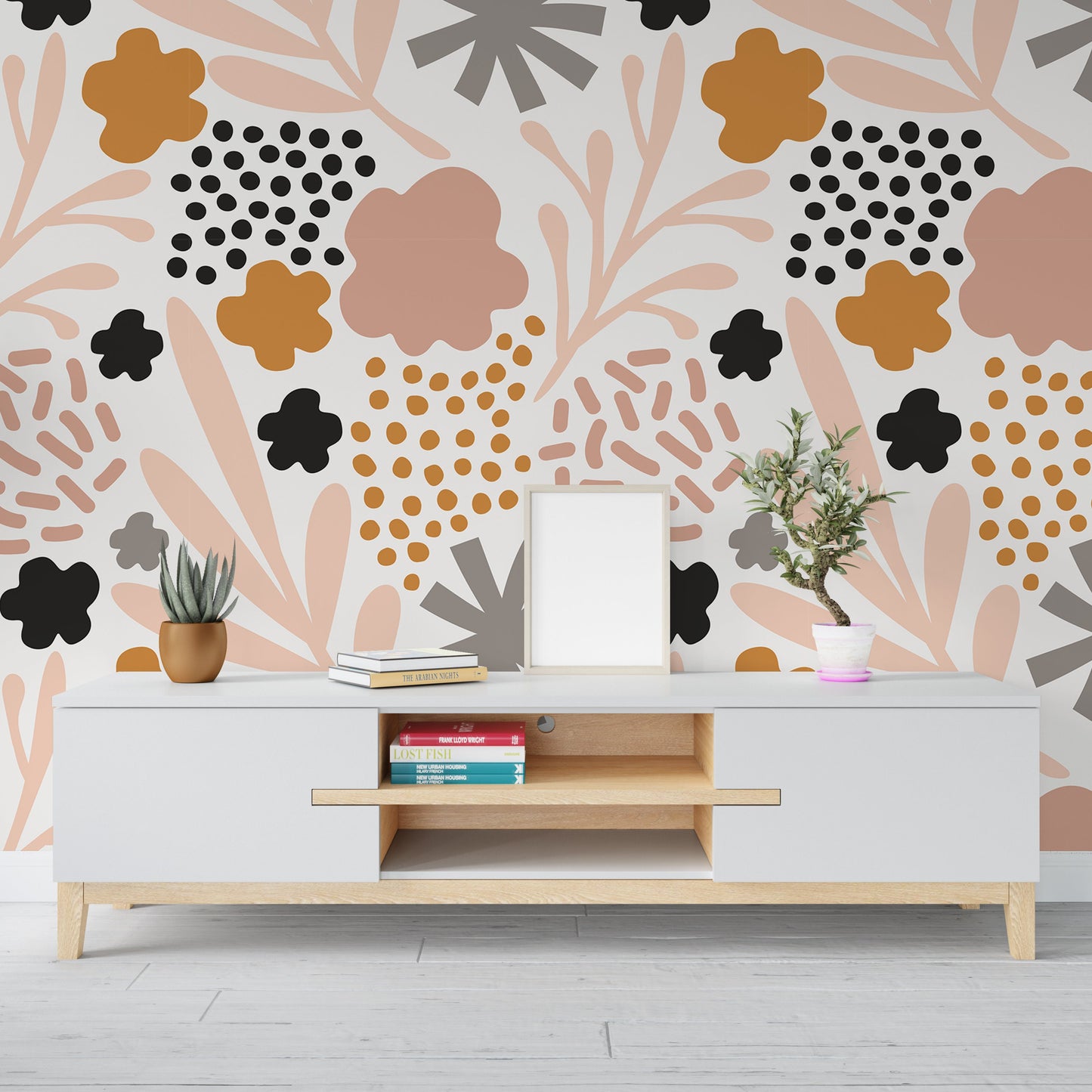 Abstract Flowers Wallpaper Peel and Stick, Beige Boho Canvas Removable Wall Paper
