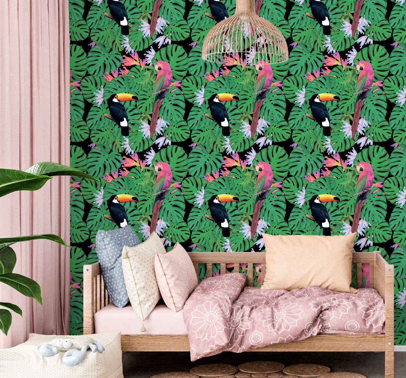 Parrot Wallpaper Peel and Stick, Colorful Tropical Canvas Removable Wall Paper