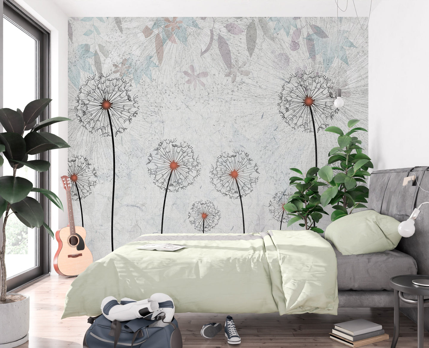 Dandelion Wallpaper Peel and Stick, Gray Botanical Mural Canvas Removable Wall Paper