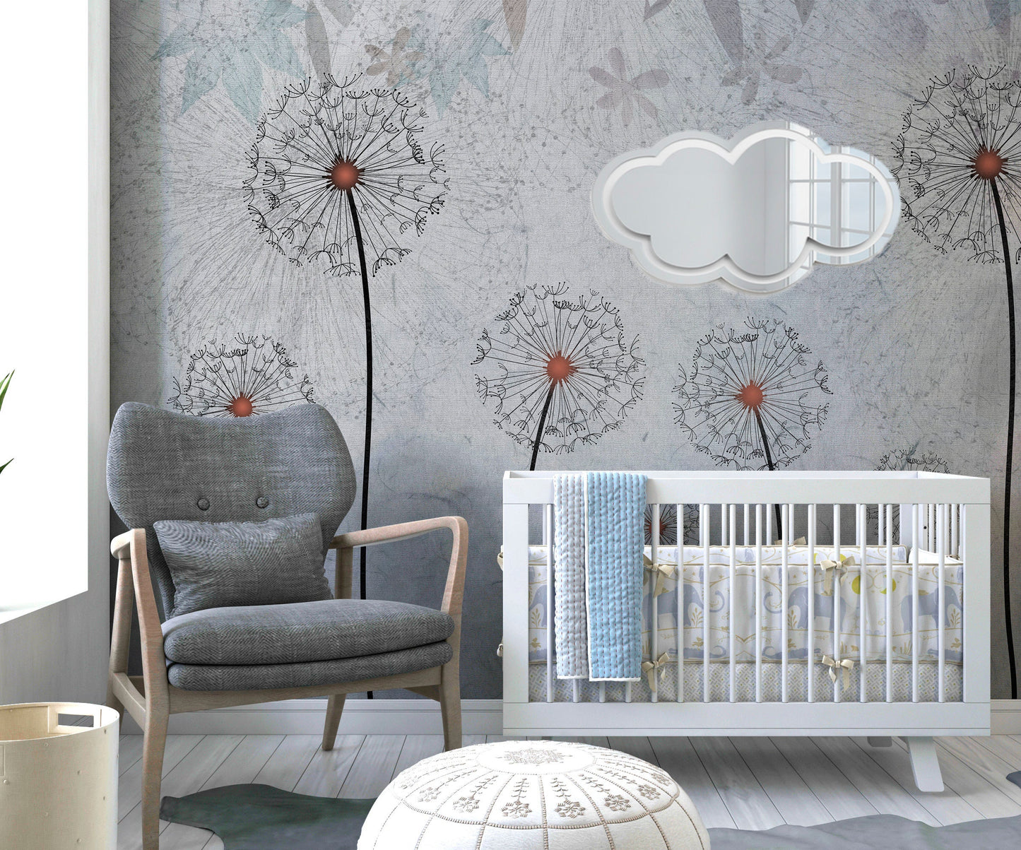 Dandelion Wallpaper Peel and Stick, Gray Botanical Mural Canvas Removable Wall Paper