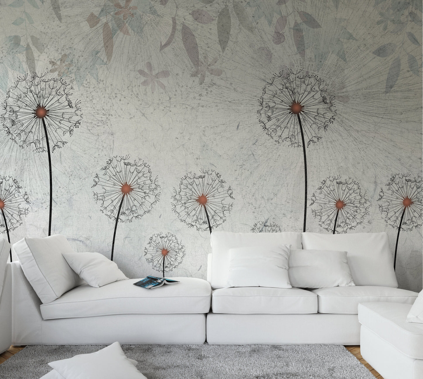 Dandelion Wallpaper Peel and Stick, Gray Botanical Mural Canvas Removable Wall Paper