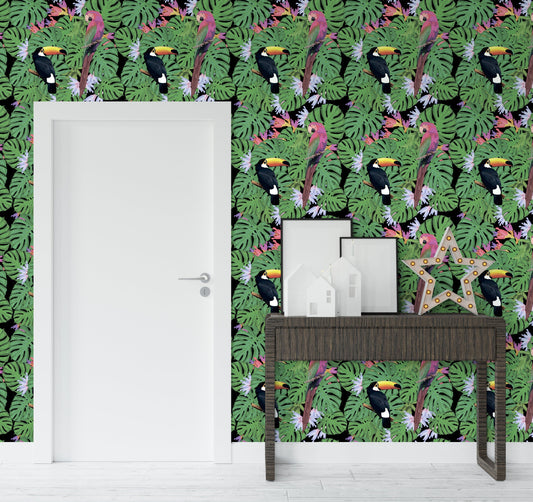 Parrot Wallpaper Peel and Stick, Colorful Tropical Canvas Removable Wall Paper