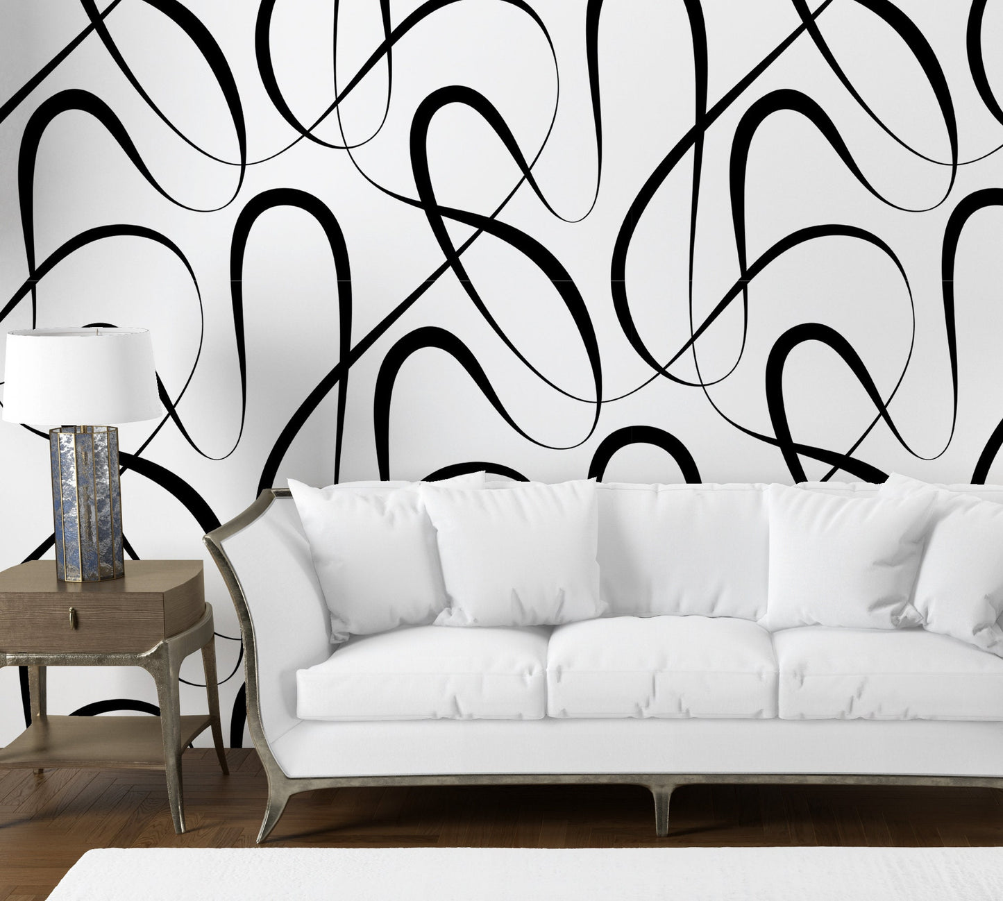 Curves Wallpaper Peel and Stick, Abstract Black and White Line Textured Removable Wall Paper