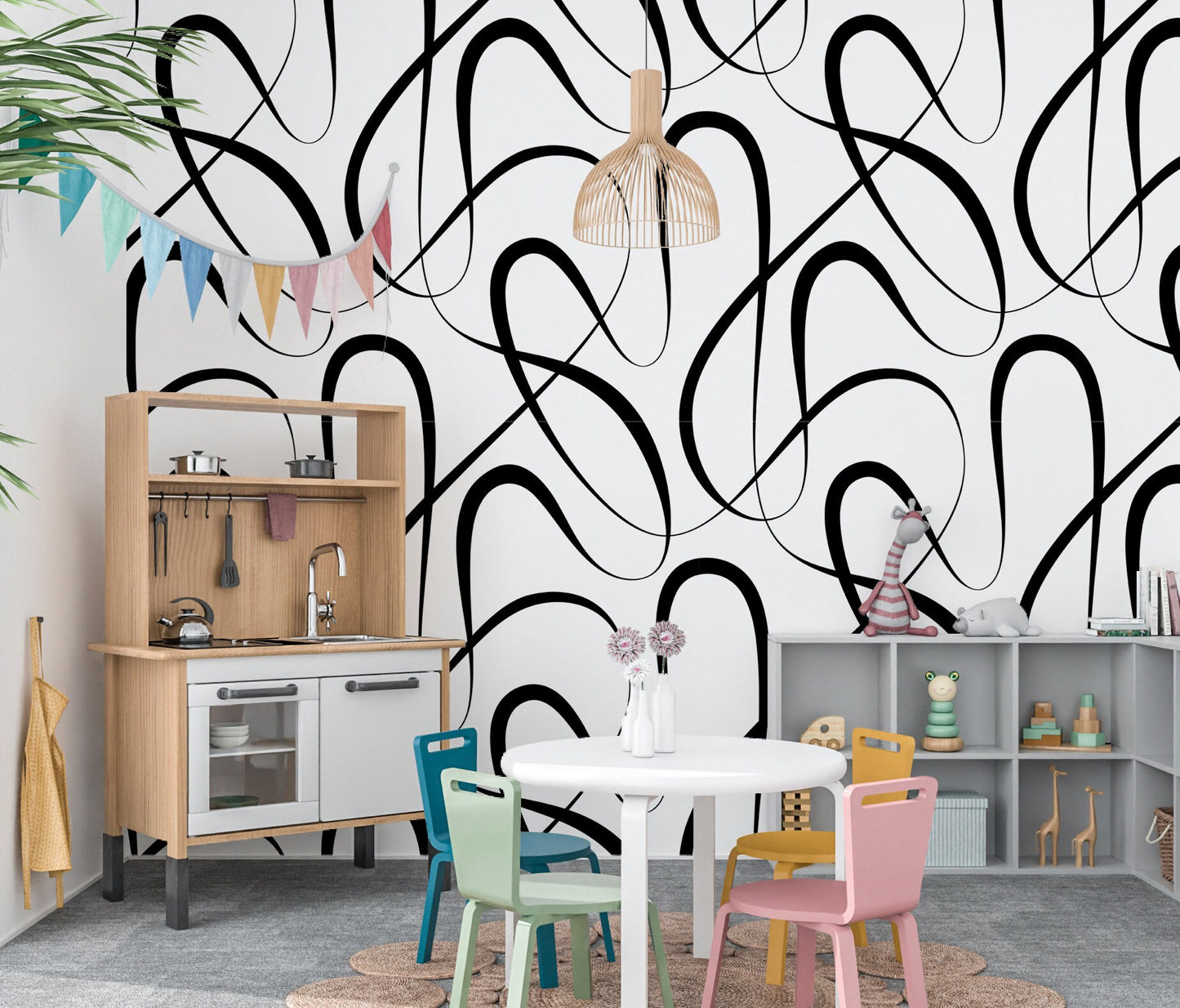 Curves Wallpaper Peel and Stick, Abstract Black and White Line Textured Removable Wall Paper