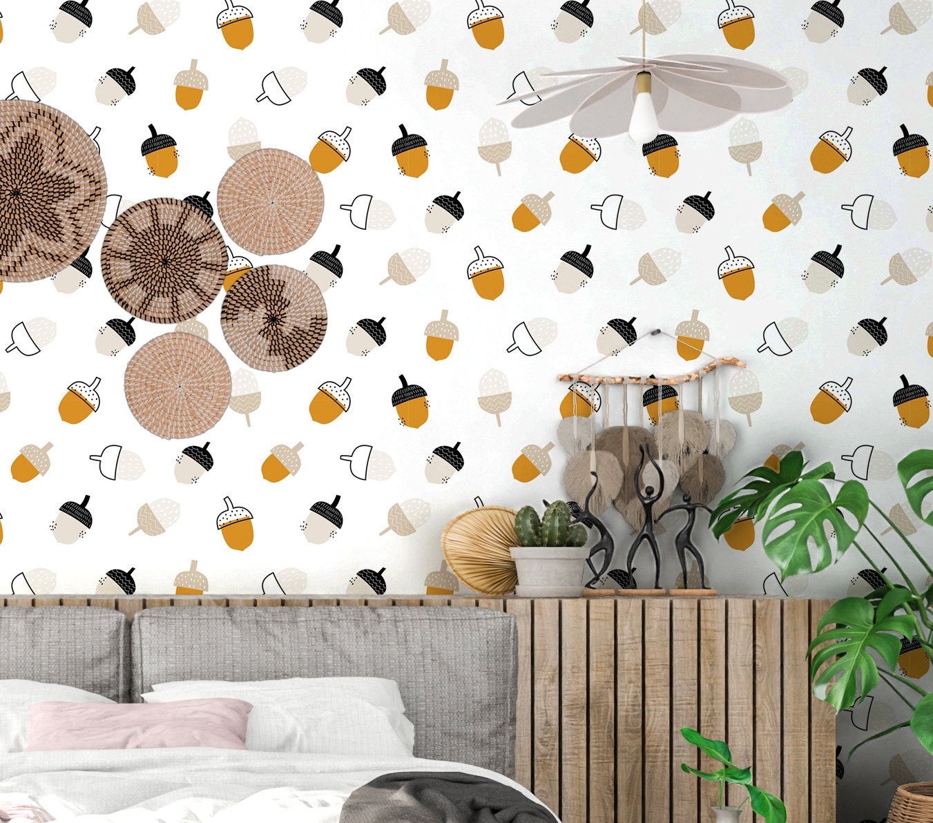 Acorns Leaves Wallpaper Peel and Stick, Fun Kids Room Removable Wall Paper