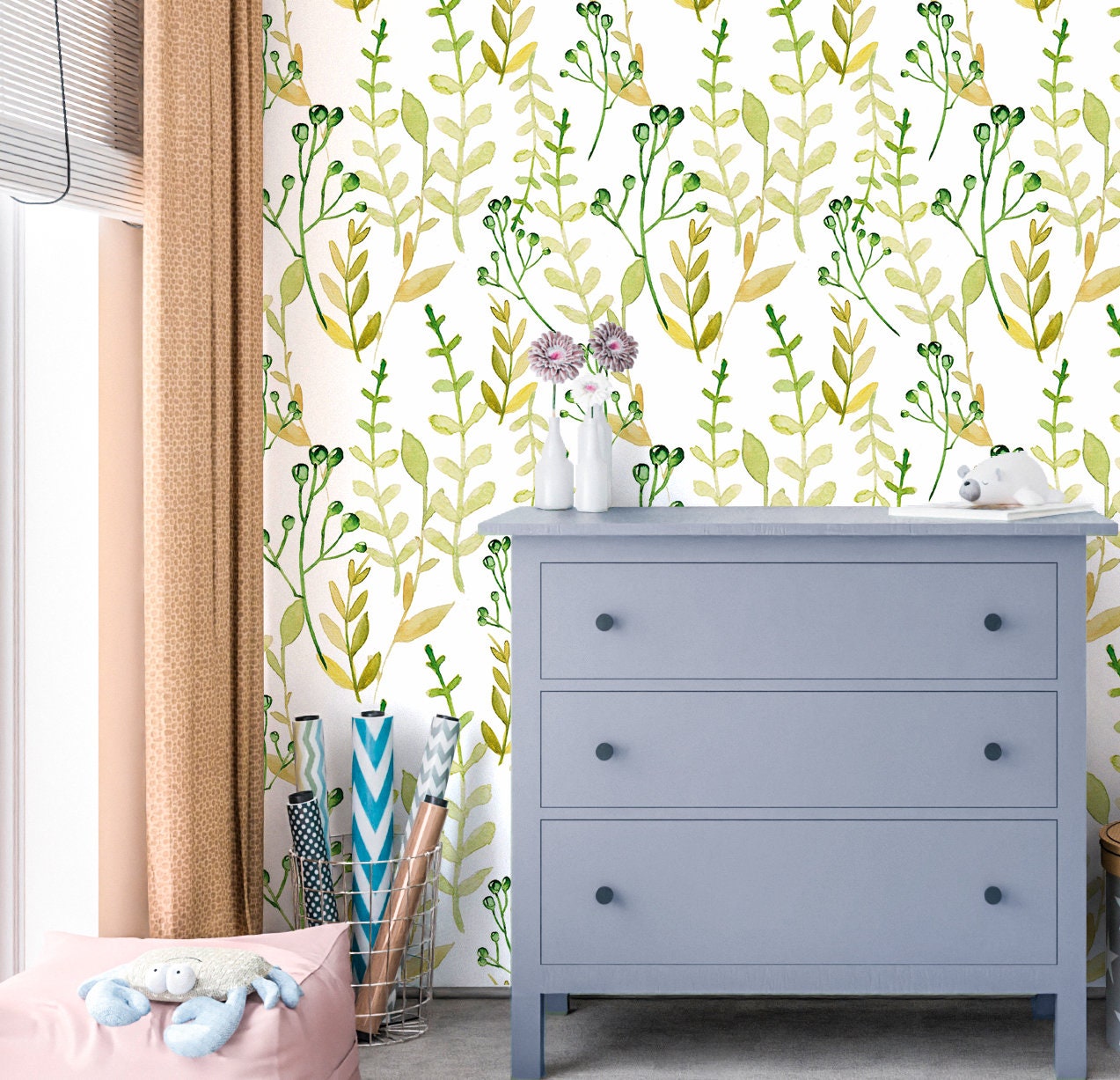 Green Leaf Wallpaper Peel and Stick, Watercolor Botanical Canvas Removable Wall Paper