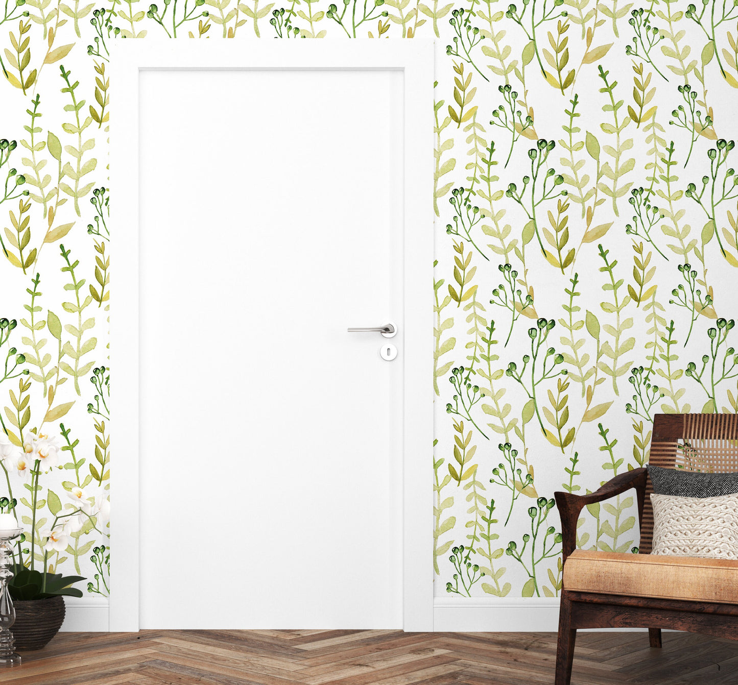 Green Leaf Wallpaper Peel and Stick, Watercolor Botanical Canvas Removable Wall Paper