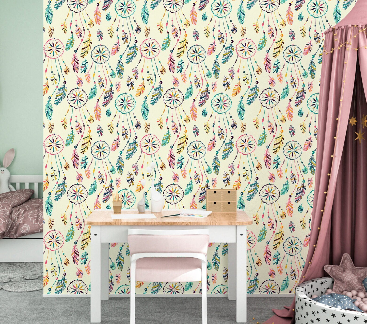 Dream Catcher Wallpaper Peel and Stick, Boho Feather Canvas Removable Wall Paper