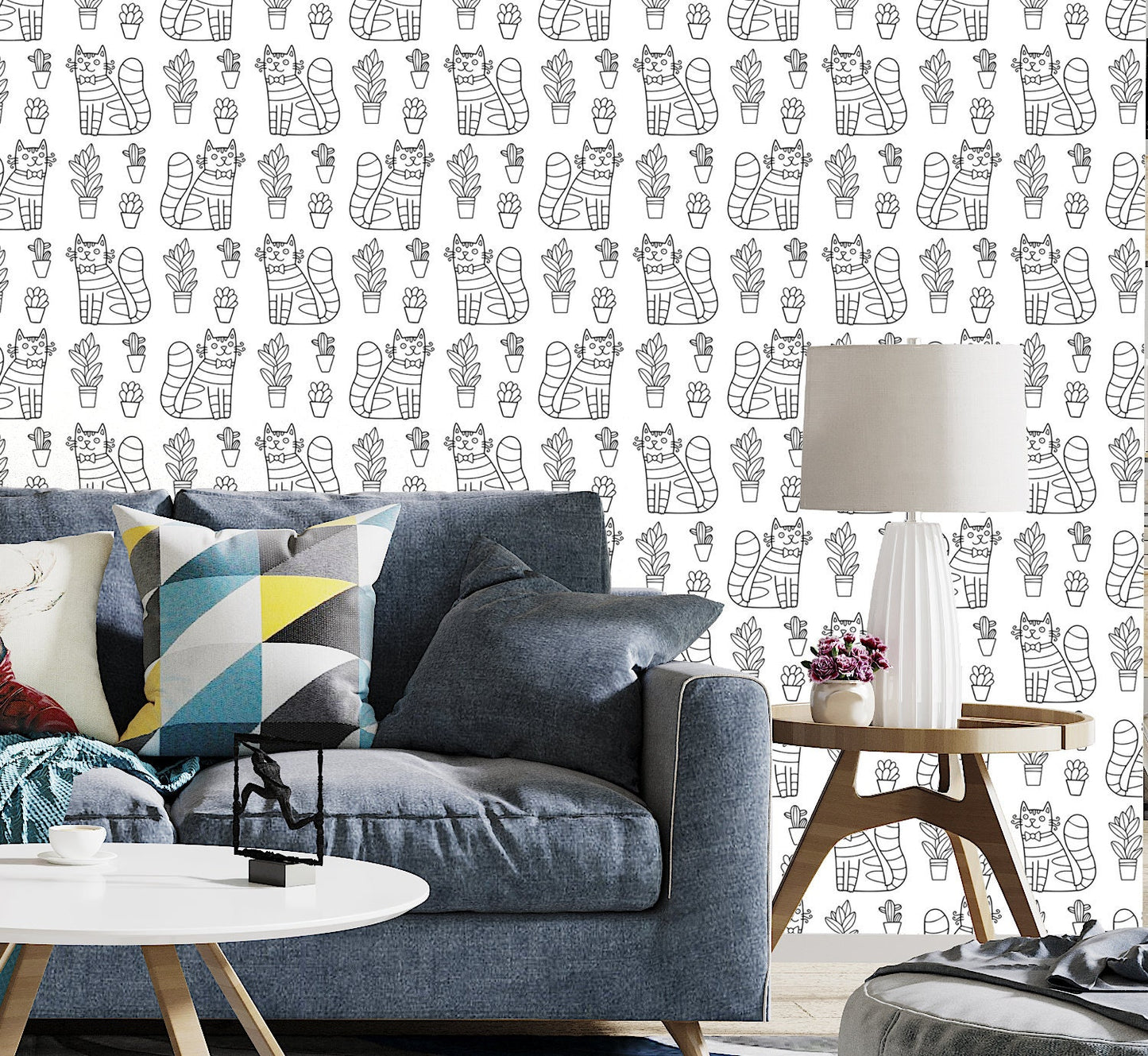 Fun Cat Wallpaper Peel and Stick, Black and White Canvas Removable Wall Paper
