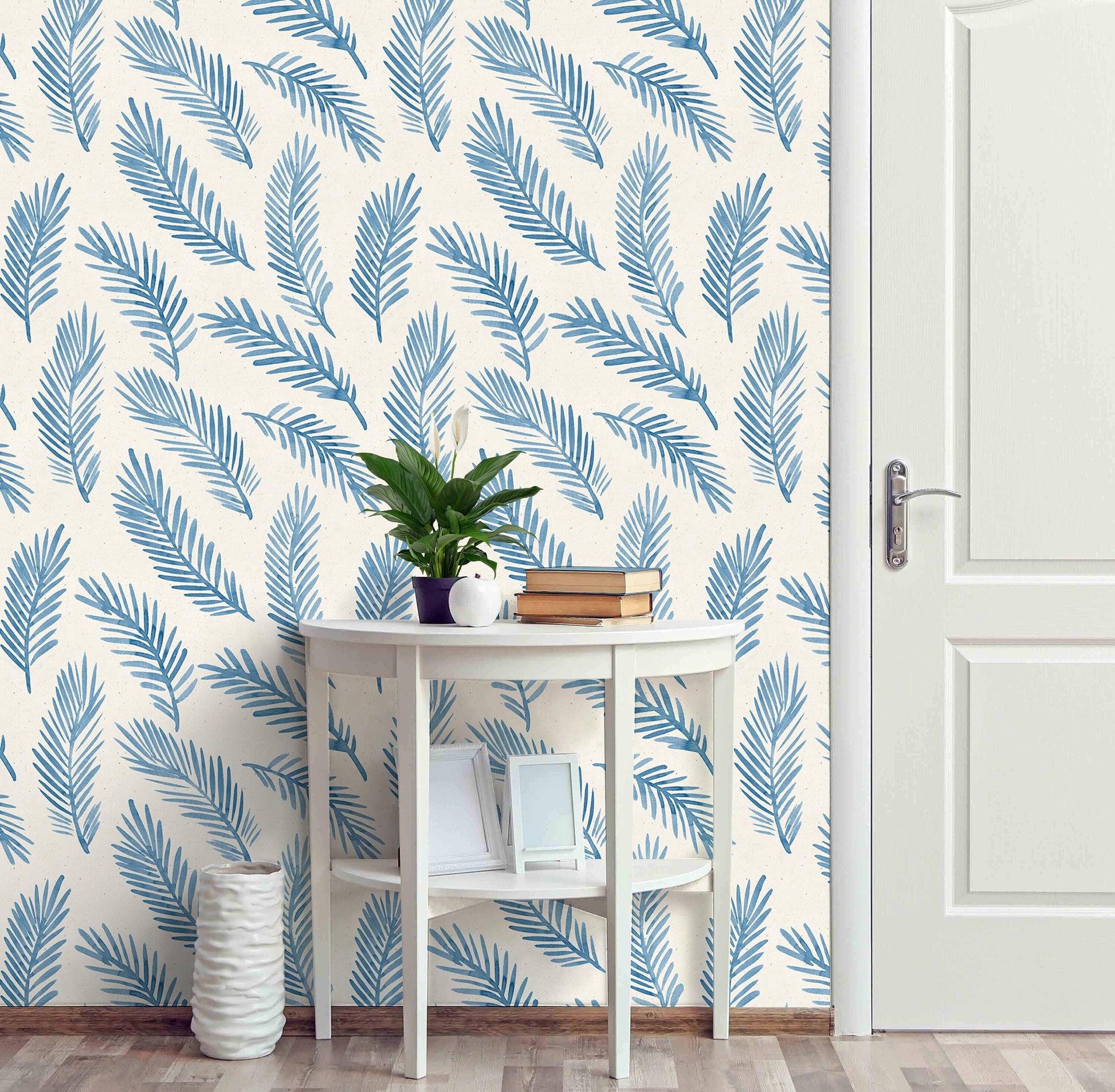 Palm Leaf Wallpaper Peel and Stick, Blue Feather Canvas Removable Wall Paper