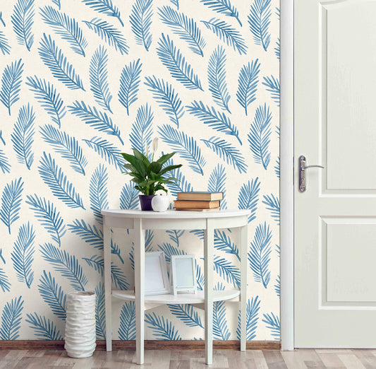 Palm Leaf Wallpaper Peel and Stick, Blue Feather Canvas Removable Wall Paper