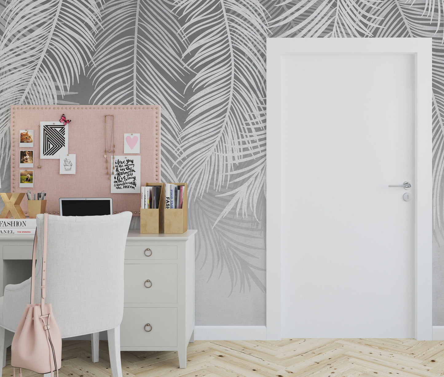 Gray Palm Leaves Wallpaper Peel and Stick, Tropical Feather Textured Removable Wall Paper