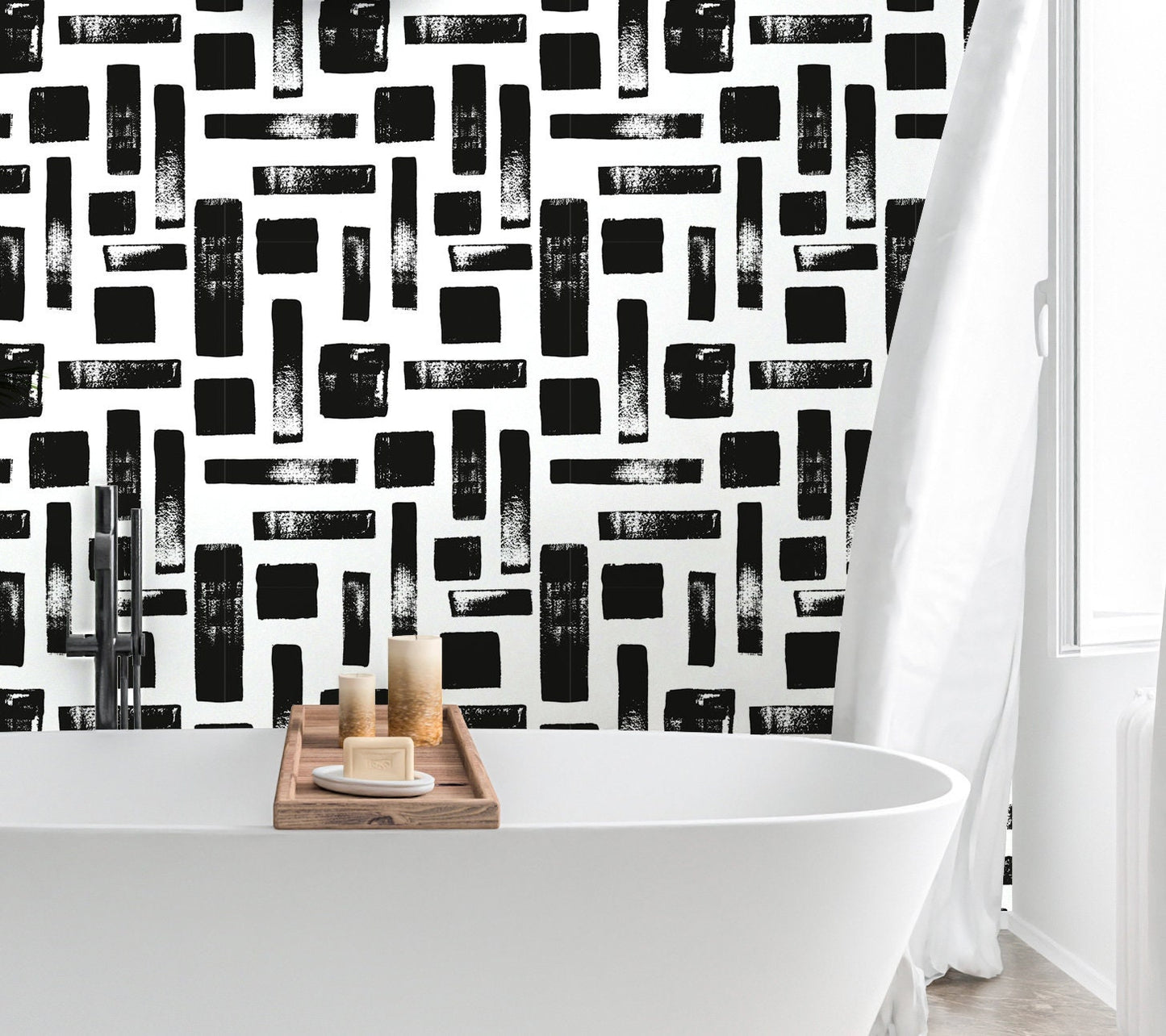 Brush Stroke Wallpaper Peel and Stick, Black and White Geometric Textured Removable Wall Paper